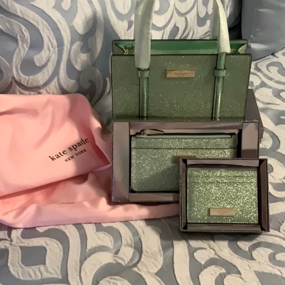 Kate Spade NWT Mini Tote Green Gold Glitter Bag, Wallet, Card Case Retail$580 - Picture 2 of 14